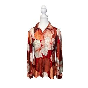 Vintage Style Abstract Print Button Up Blouse Orange Red Medium